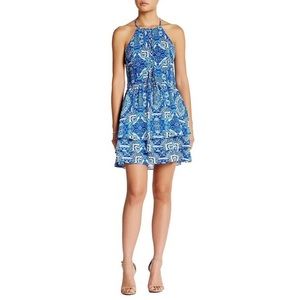 Parker Dax Blue Paisley Silky Halter Mini Dress